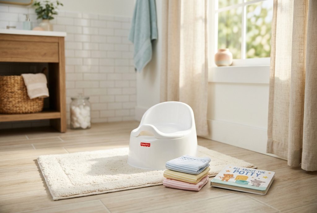 Toddler standing next to a small training potty in a sunlit bathroom, holding a folded towel