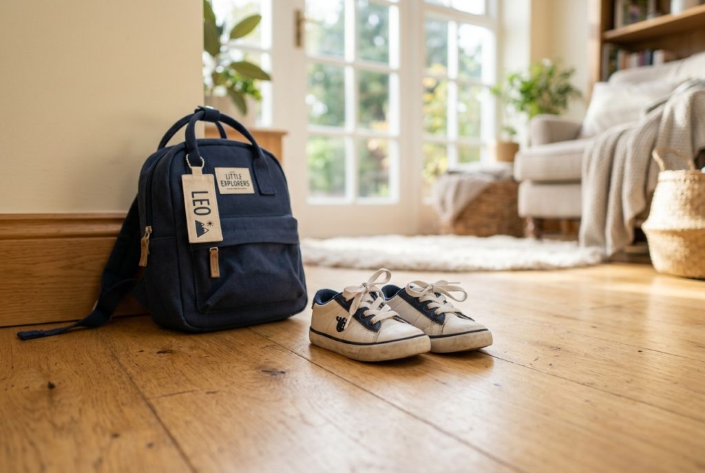 Small pair of children's sneakers with tied laces on a hardwood floor next to a small navy backpack, ready for the first day of school