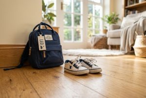 Small pair of children's sneakers with tied laces on a hardwood floor next to a small navy backpack, ready for the first day of school