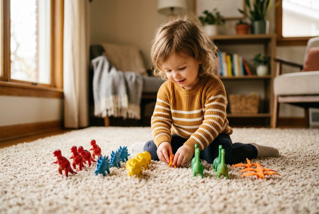Toddler lining up colorful plastic toy dinosaurs by color on a rug at home