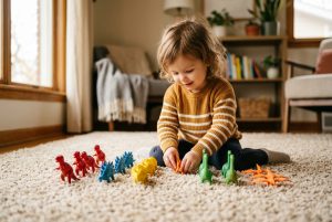 Toddler lining up colorful plastic toy dinosaurs by color on a rug at home