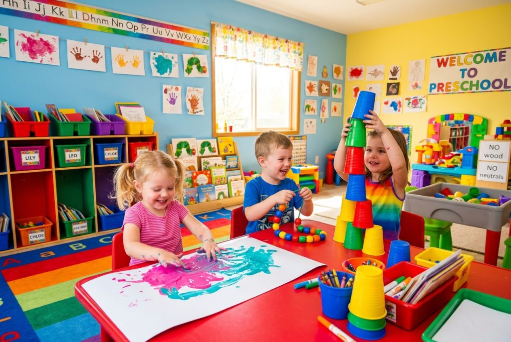 Wooden building blocks, crayons, and an open picture book on a sunlit classroom table — a screen-free play setup.
