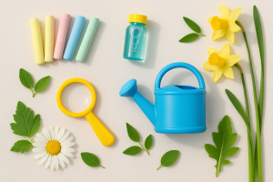 Spring outdoor play materials for toddlers and preschoolers including sidewalk chalk, bubbles, flowers, and a watering can