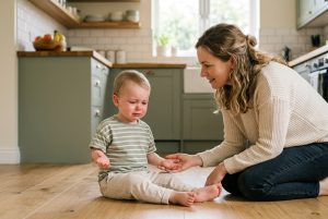Toddler in a cozy kitchen having a meltdown while a calm parent kneels at eye level.