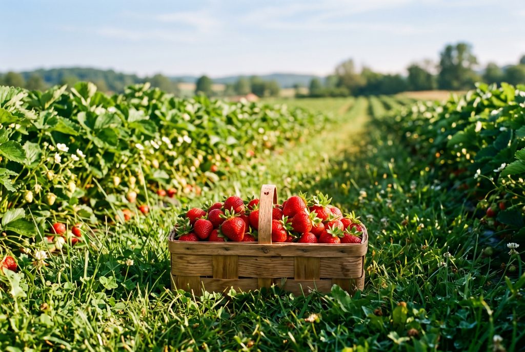 Wooden basket overflowing with freshly picked red strawberries at the edge of a sunlit Pennsylvania strawberry field