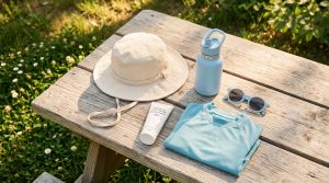 A child's wide-brim sun hat, mineral sunscreen tube, sky-blue water bottle, toddler sunglasses, and folded teal UPF rash guard arranged on a weathered wood picnic table in summer sunlight