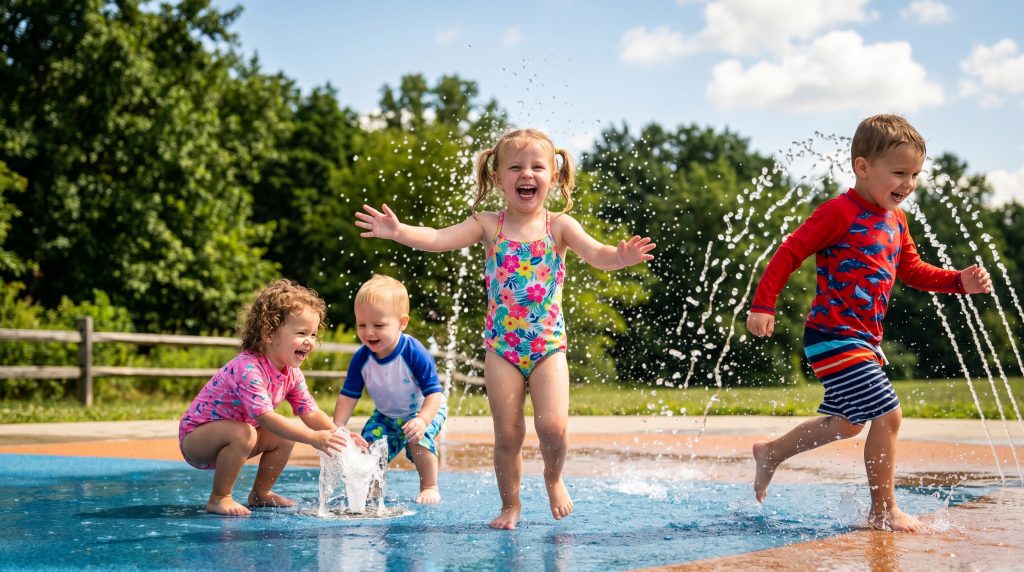 Four joyful toddlers in colorful swimsuits and rash guards playing in the sprinklers at a sunny outdoor splash pad on a summer afternoon