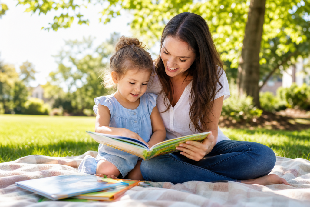 Parent and preschool child reading a picture book together outside on a summer blanket