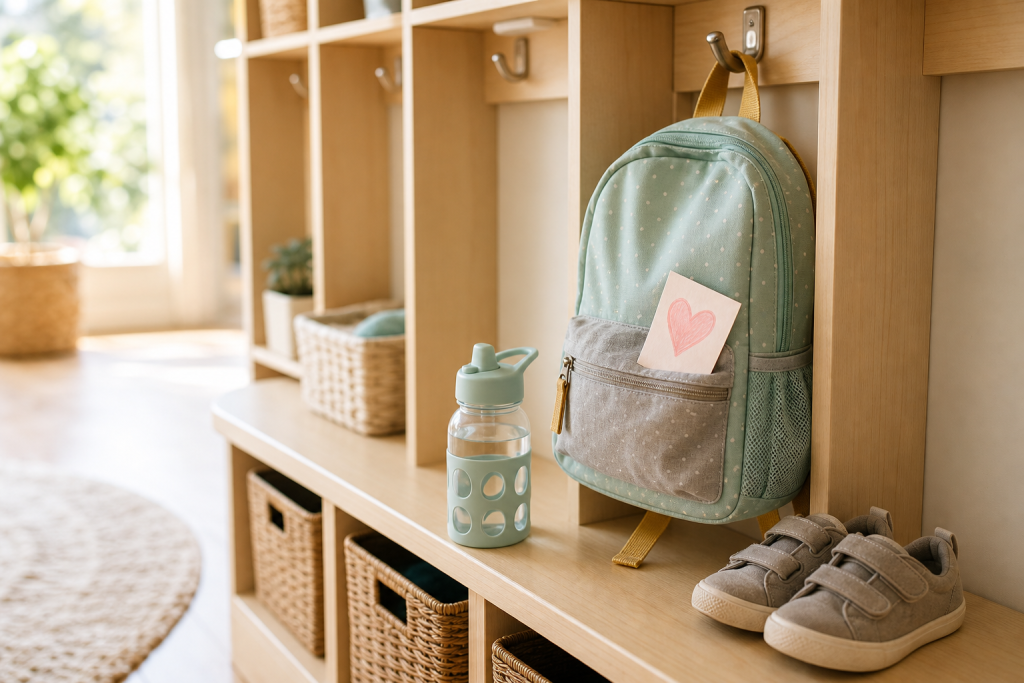 Preschool cubby with a small backpack, water bottle, shoes, and a heart note ready for a calm morning drop-off