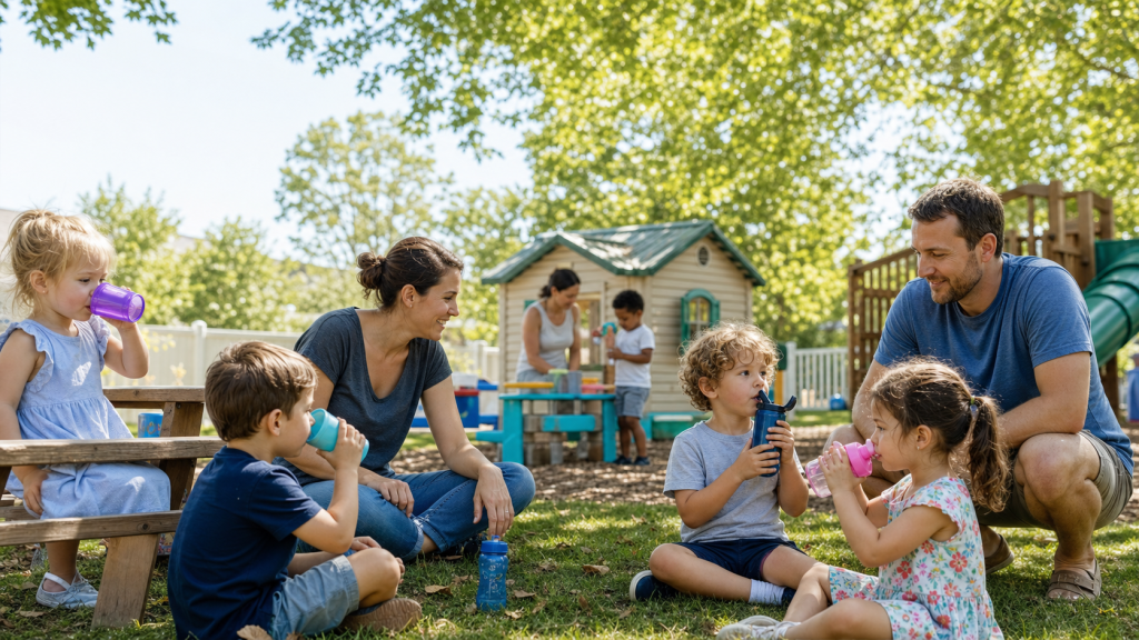 Children and parents drinking water while playing outside in the shade