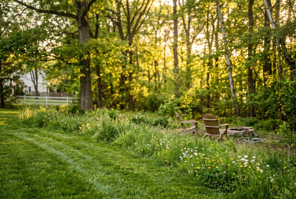 Mowed Pennsylvania backyard meeting tall grass and wildflowers at the edge of light woods, typical summer tick habitat in Montgomery County