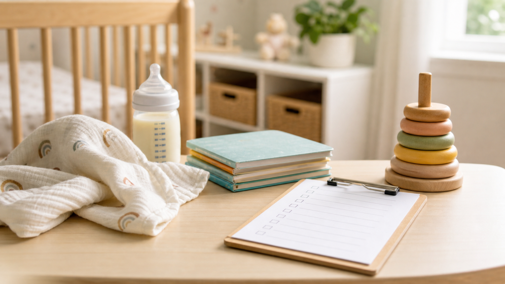 An infant classroom table with a bottle, board books, stacking toy, muslin blanket, and parent checklist