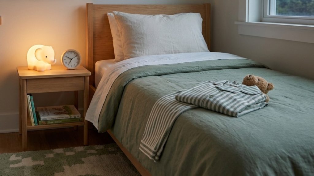 Young child's bed with pajamas, books, a clock, and a soft night light for a back to school sleep reset.